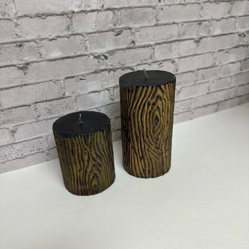 Log Wood Design Black Gold Candles Set of 2